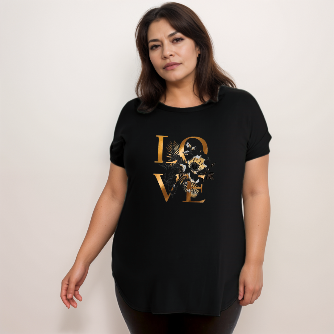 Dipped-Hem T-Shirt with Gold “Love” Logo
