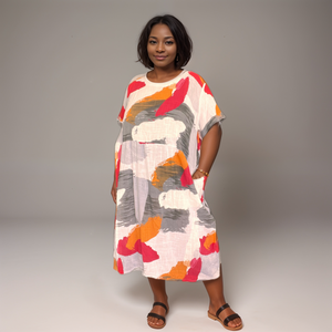 Cotton Abstract Loose-Fit Dress with Pockets