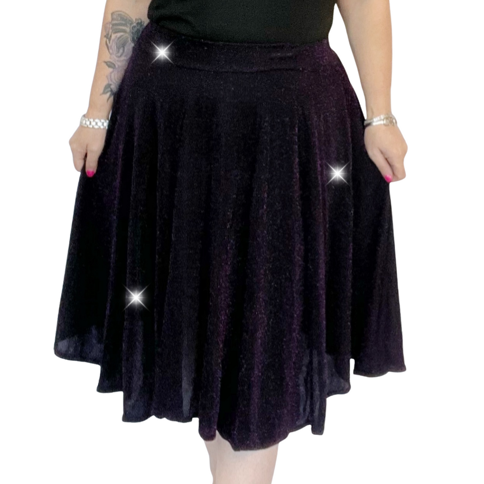 SPARKLY ELASTIC WAIST A-LINE SWING SKIRT PARTY EVENING STYLEBLACK PURPLE / UK 14