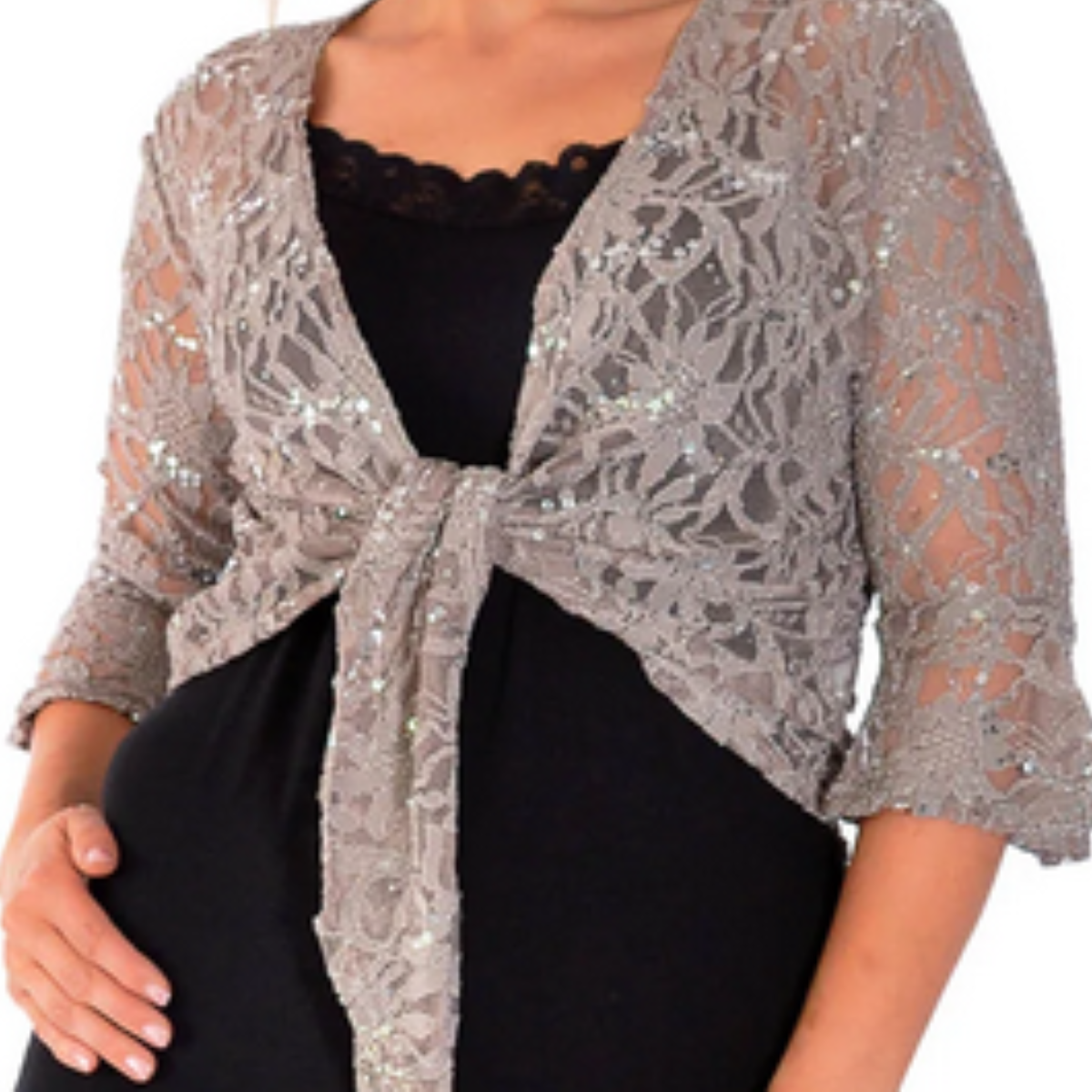 SEQUIN AND LACE 1/2 BELL SLEEVE TIE FRONT SHRUG / BOLERO JACKET