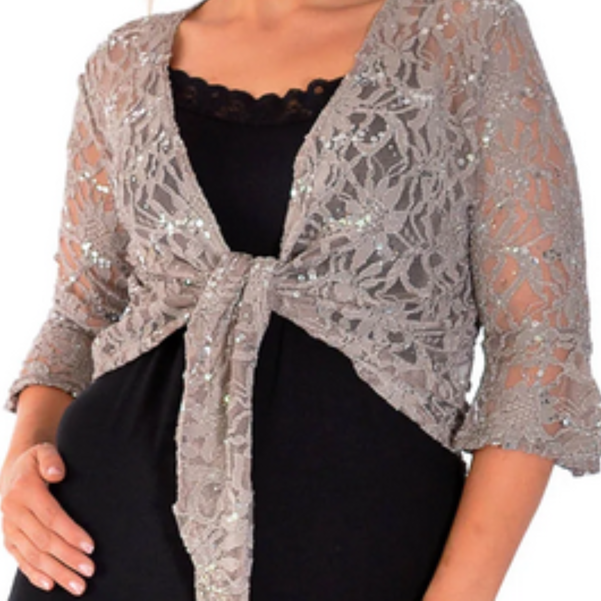 ROCKTHOSECURVES SEQUIN LACE 1/2 BELL SLEEVE TIE FRONT SHRUG / BOLERO JACKET