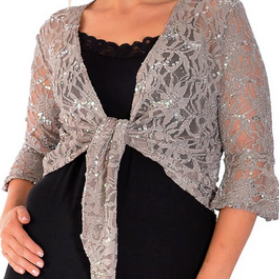 ROCKTHOSECURVES SEQUIN LACE 1/2 BELL SLEEVE TIE FRONT SHRUG / BOLERO JACKETMOCHA / UK 12-14