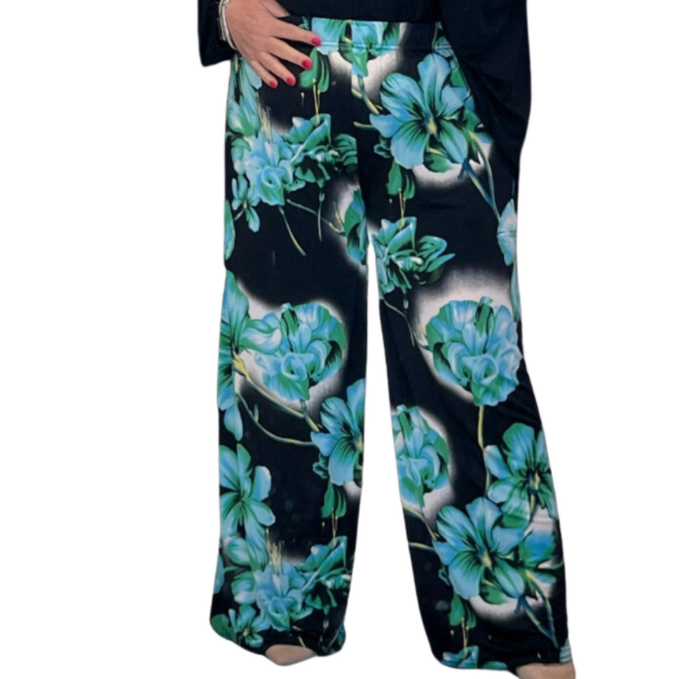 LARGE FLOWER PRINT WIDE LEG HIGH RISE PALAZZO TROUSERSTeal / UK 12-14