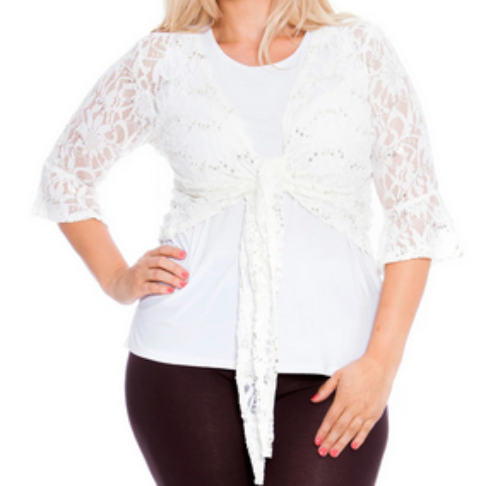 ROCKTHOSECURVES SEQUIN LACE 1/2 BELL SLEEVE TIE FRONT SHRUG / BOLERO JACKETWHITE / UK 12-14