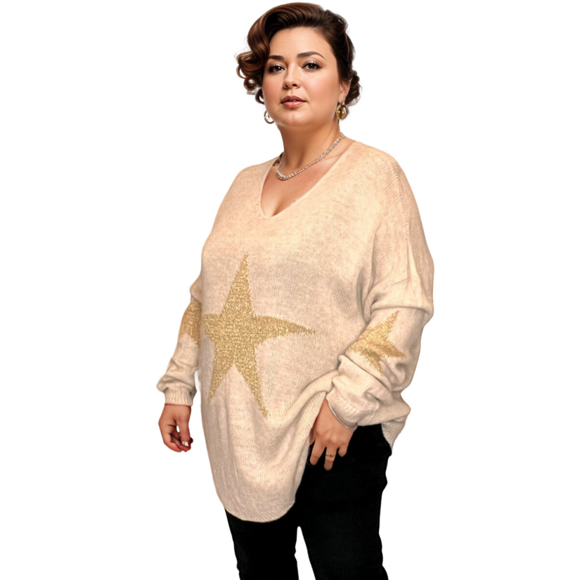 OVERSIZED V NECK KNITTED JUMPER WITH GOLD STARS