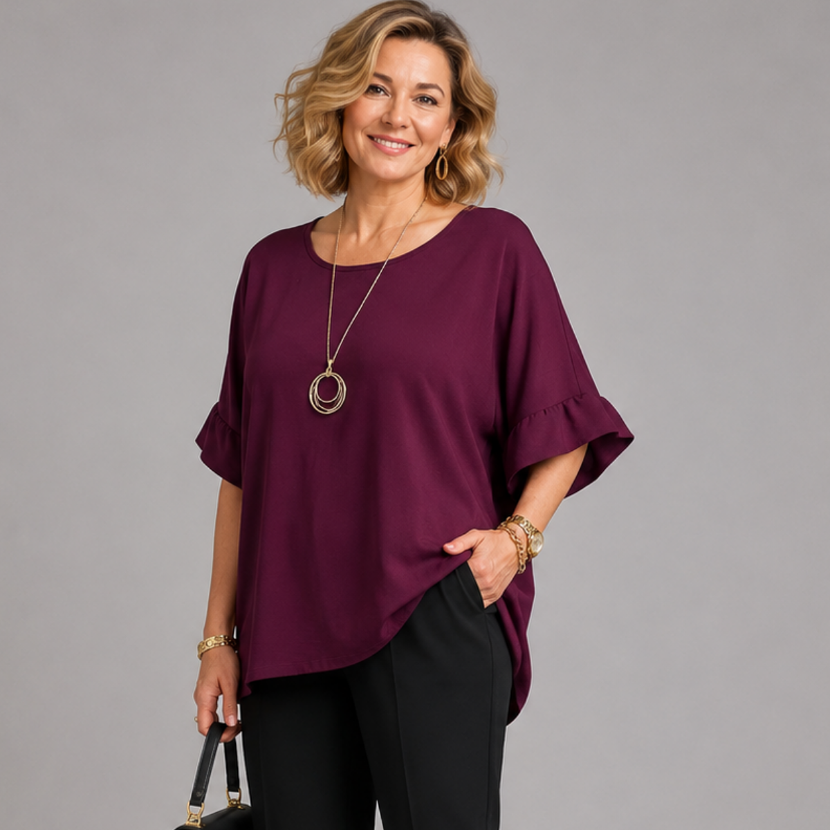 Loose Fitting Short Sleeve Blouse with Back Buttons