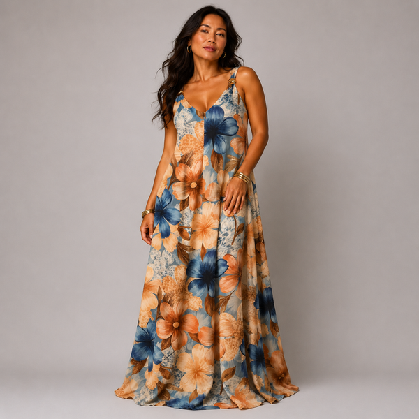 Strappy Floral maxi Dress with Gold Shoulder Detail