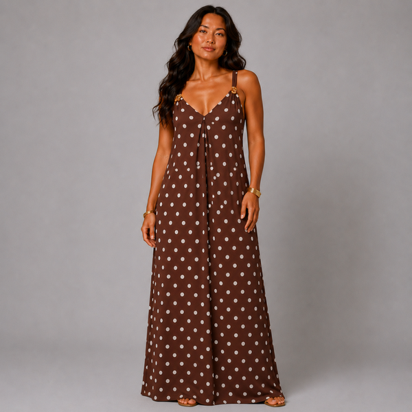 Strappy Polka Dot maxi Dress with Gold Shoulder Detail