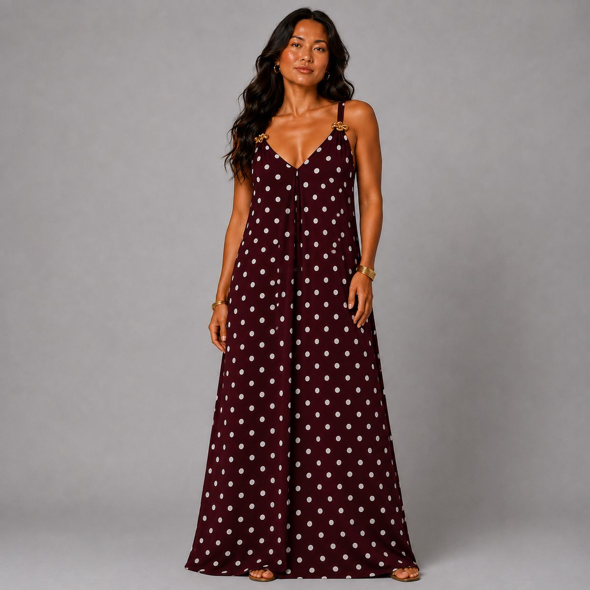 Strappy Polka Dot maxi Dress with Gold Shoulder Detail