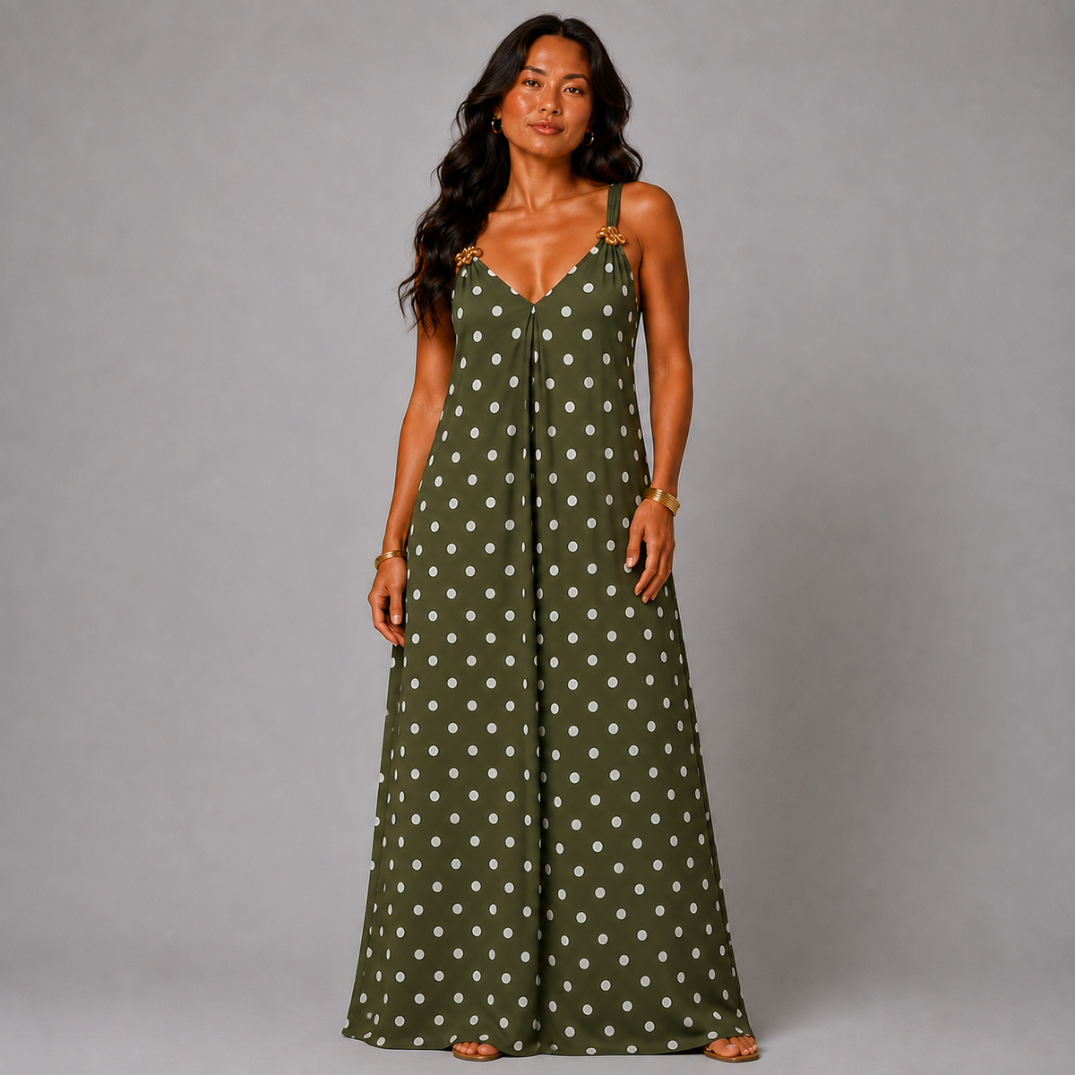 Strappy Polka Dot maxi Dress with Gold Shoulder Detail