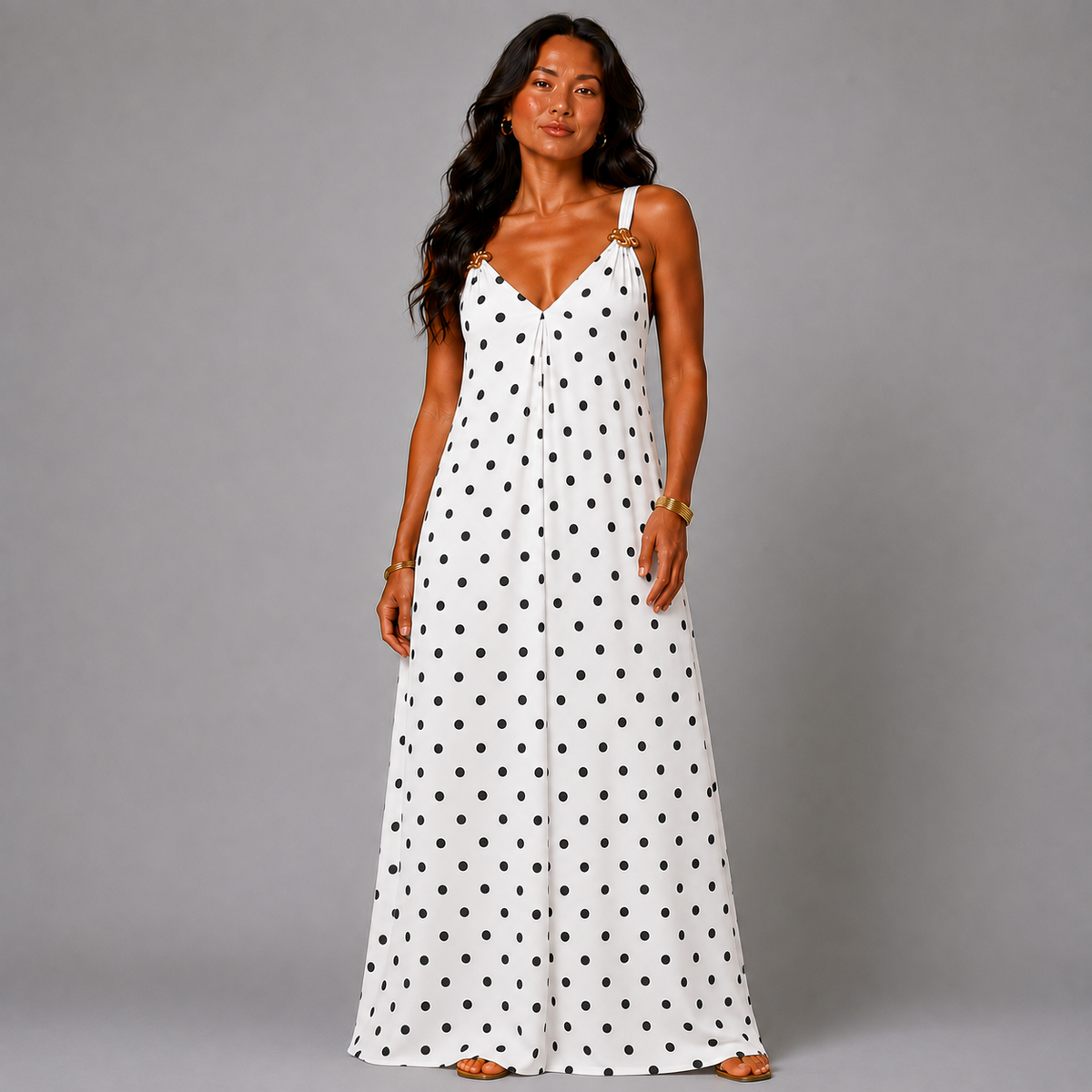 Strappy Polka Dot maxi Dress with Gold Shoulder Detail