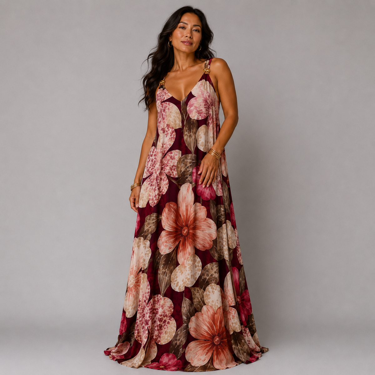 Strappy Floral maxi Dress with Gold Shoulder Detail