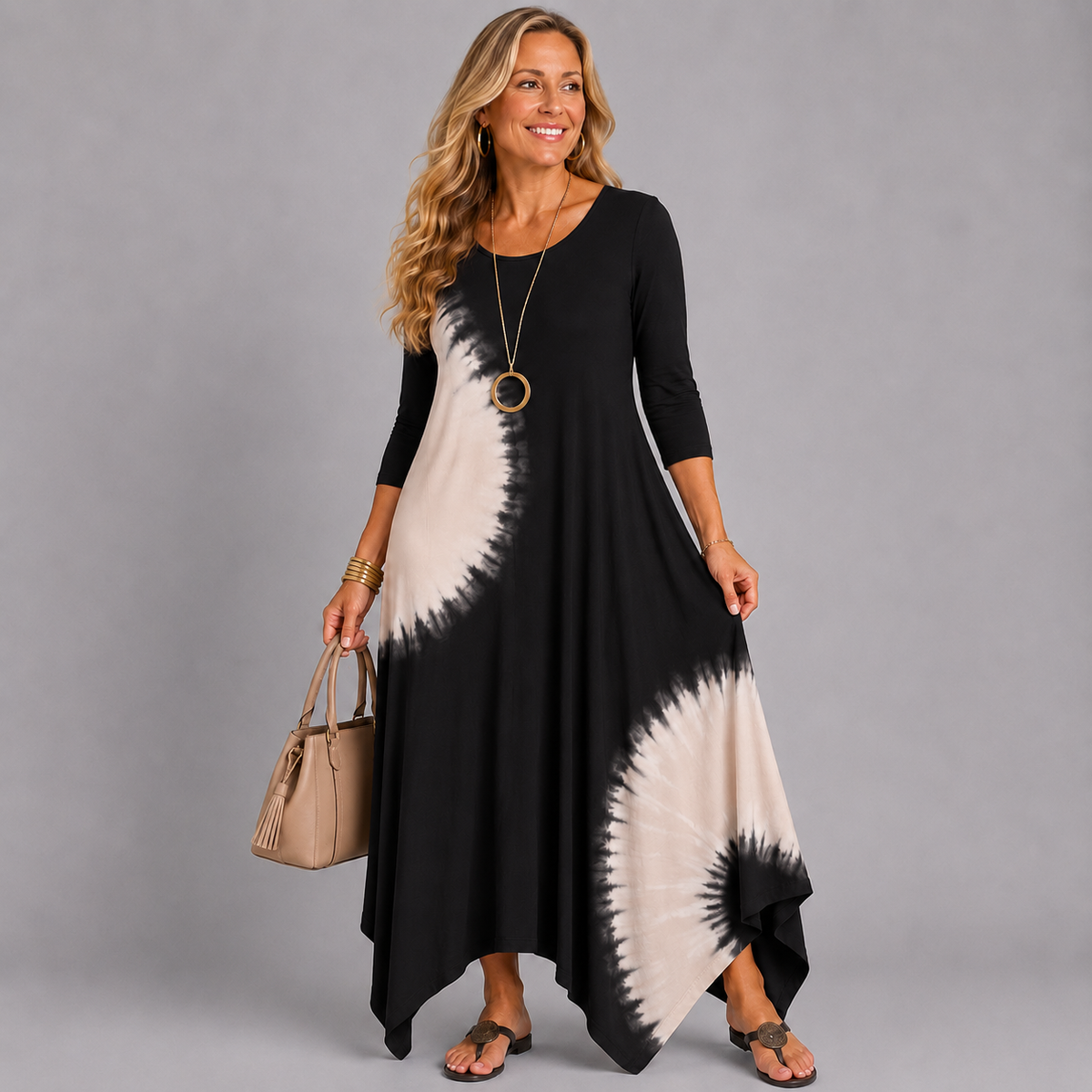 TIE DYE 3/4 SLEEVE LOOSE FITTING DRESS