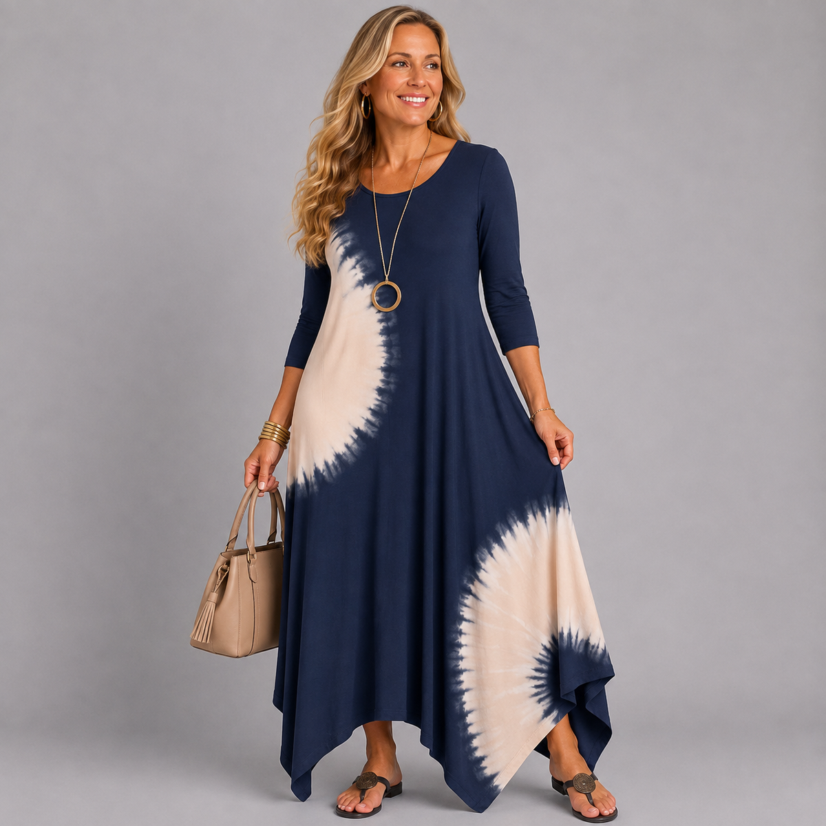 TIE DYE 3/4 SLEEVE LOOSE FITTING DRESS