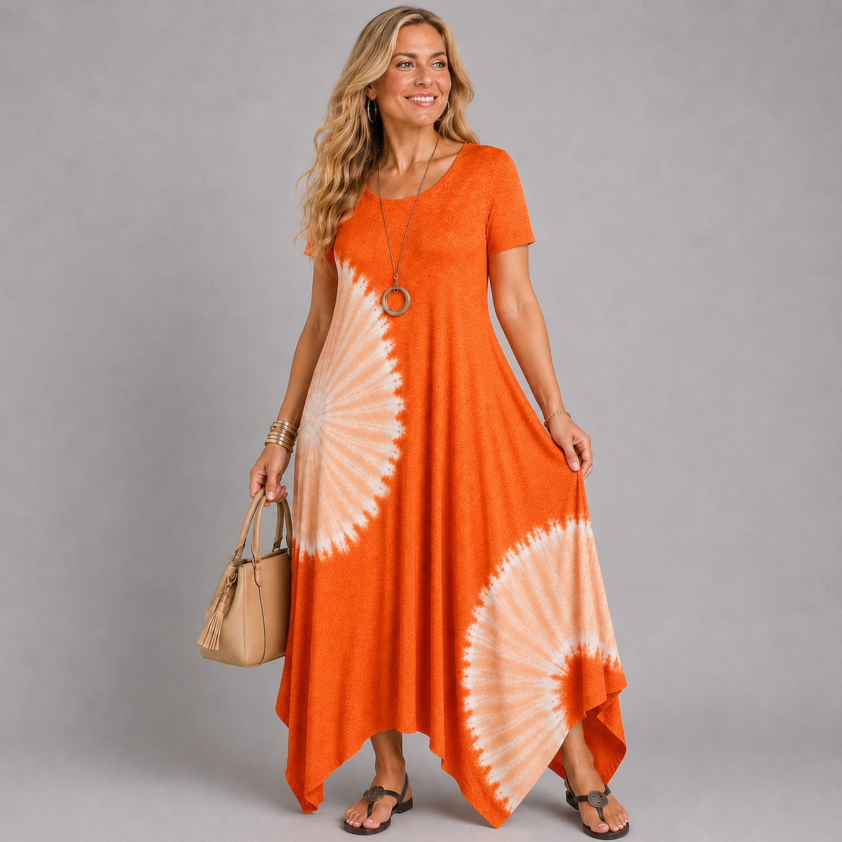 Tie Dye Short Sleeve Loose Fitting Balloon Maxi Dress