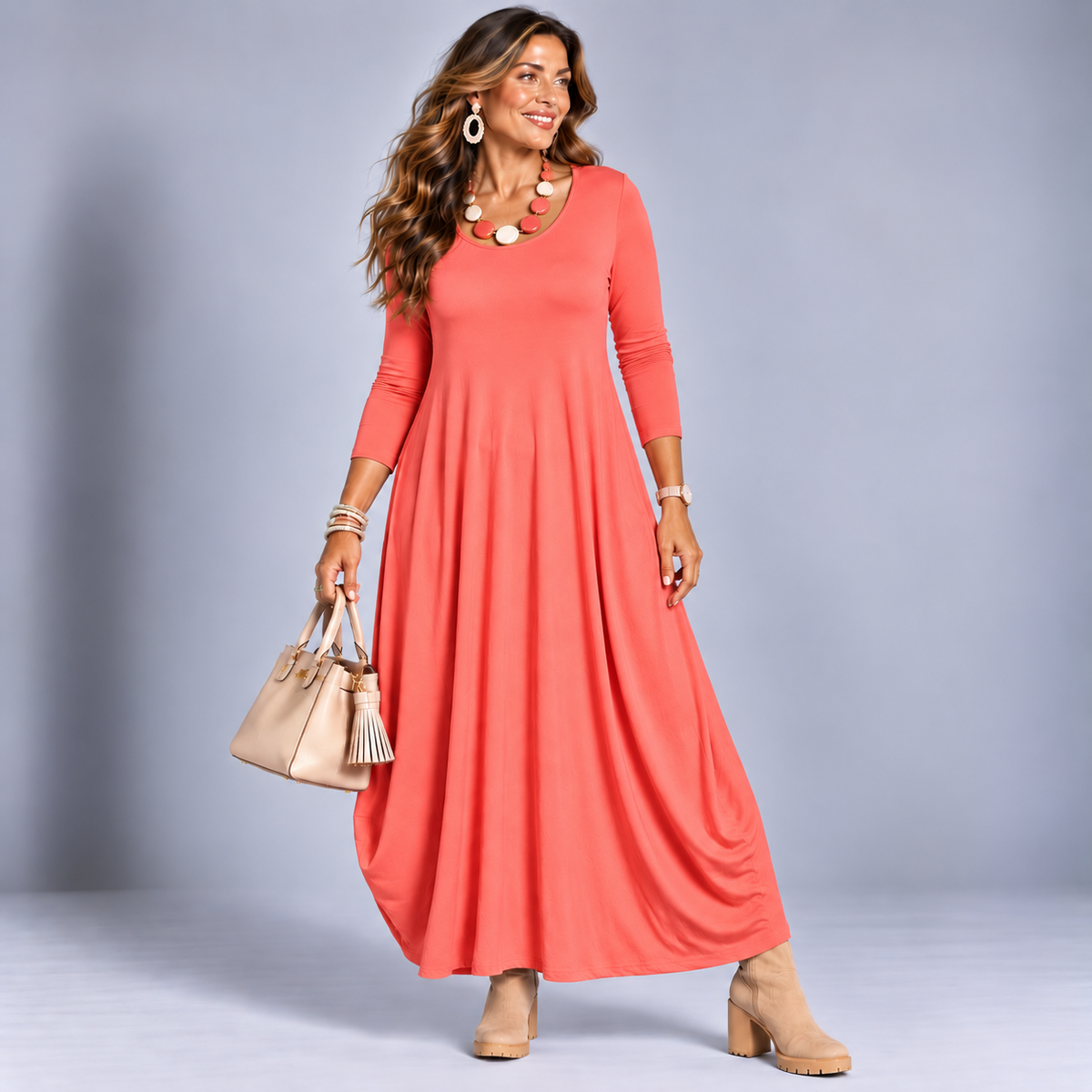 Long Sleeve Calf Length Balloon Dress