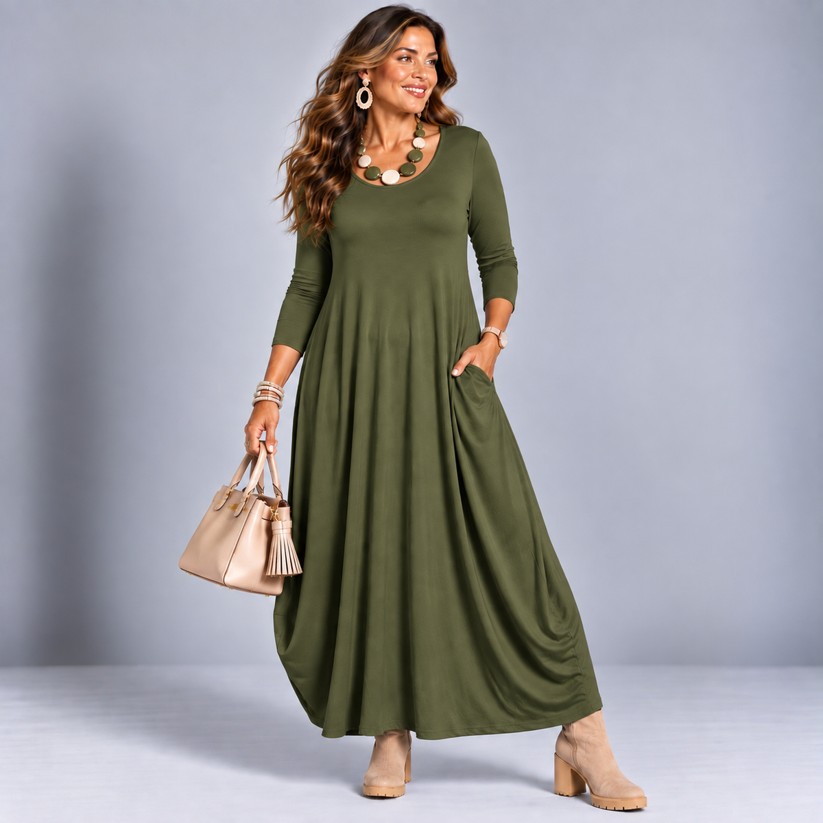 Long Sleeve Calf Length Balloon Dress
