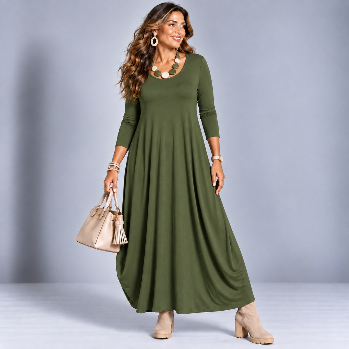 Long Sleeve Calf Length Balloon Dress