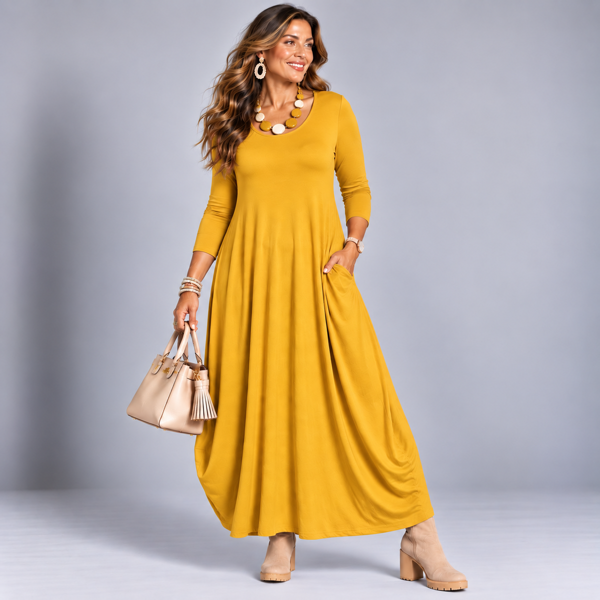 Long Sleeve Calf Length Balloon Dress