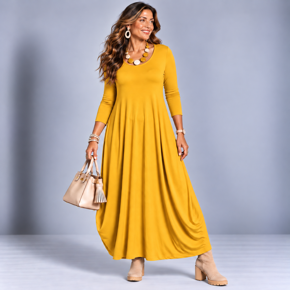 Long Sleeve Calf Length Balloon Dress