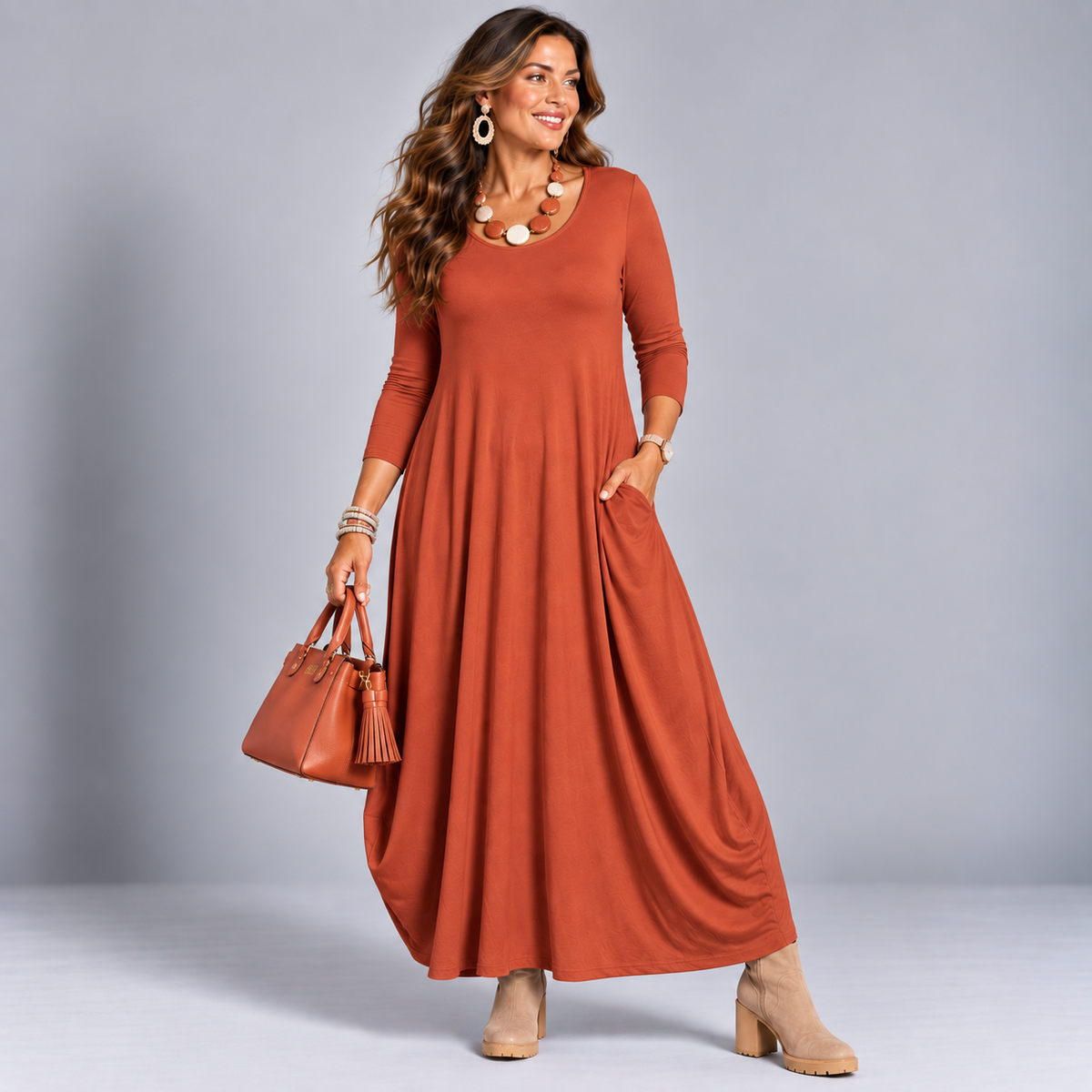 Long Sleeve Calf Length Balloon Dress