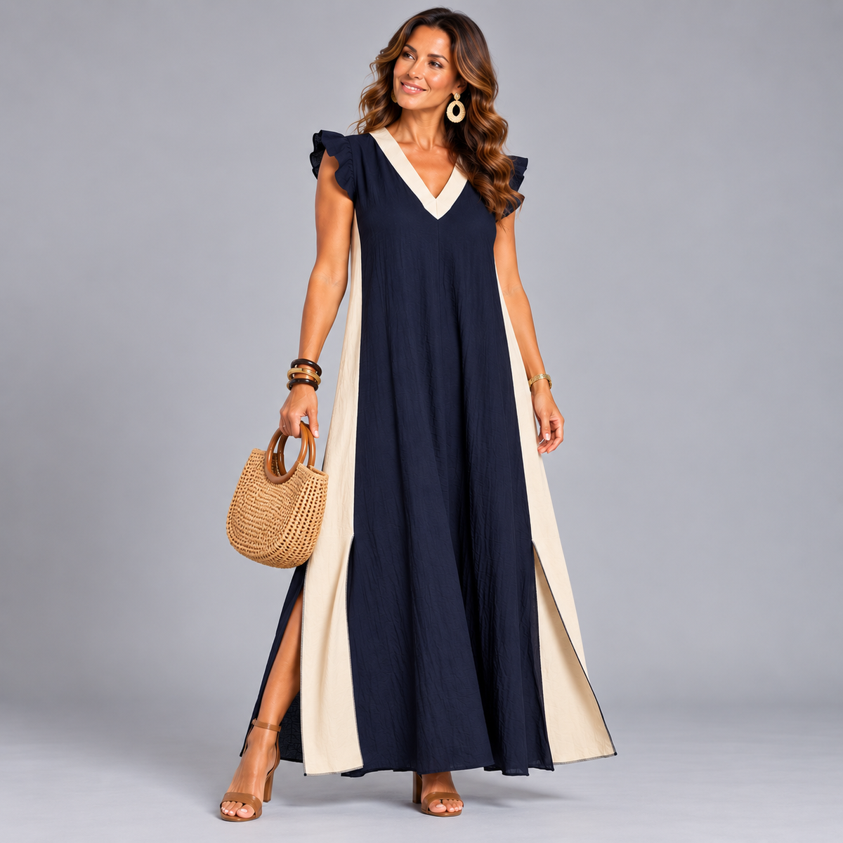 Panel Edged Frilled Cap Sleeve Kaftan Dress with Front Splits