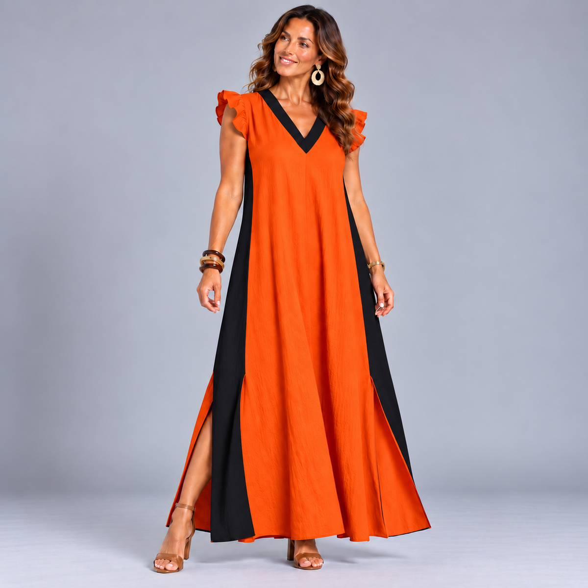 Panel Edged Frilled Cap Sleeve Kaftan Dress with Front Splits