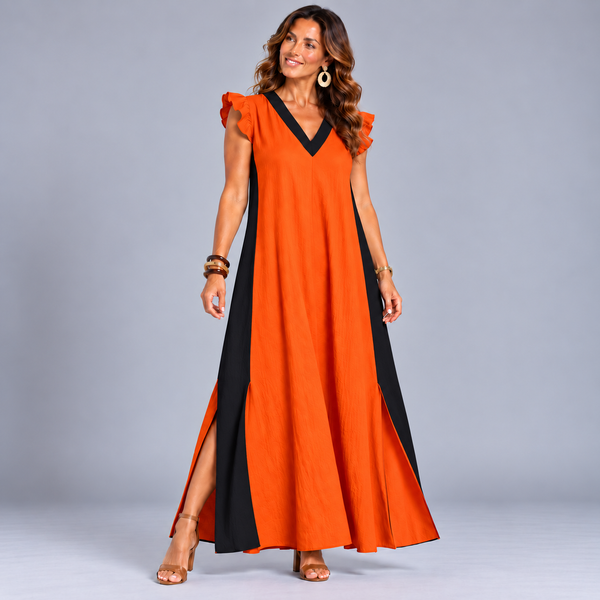 Panel Edged Frilled Cap Sleeve Kaftan Dress with Front Splits