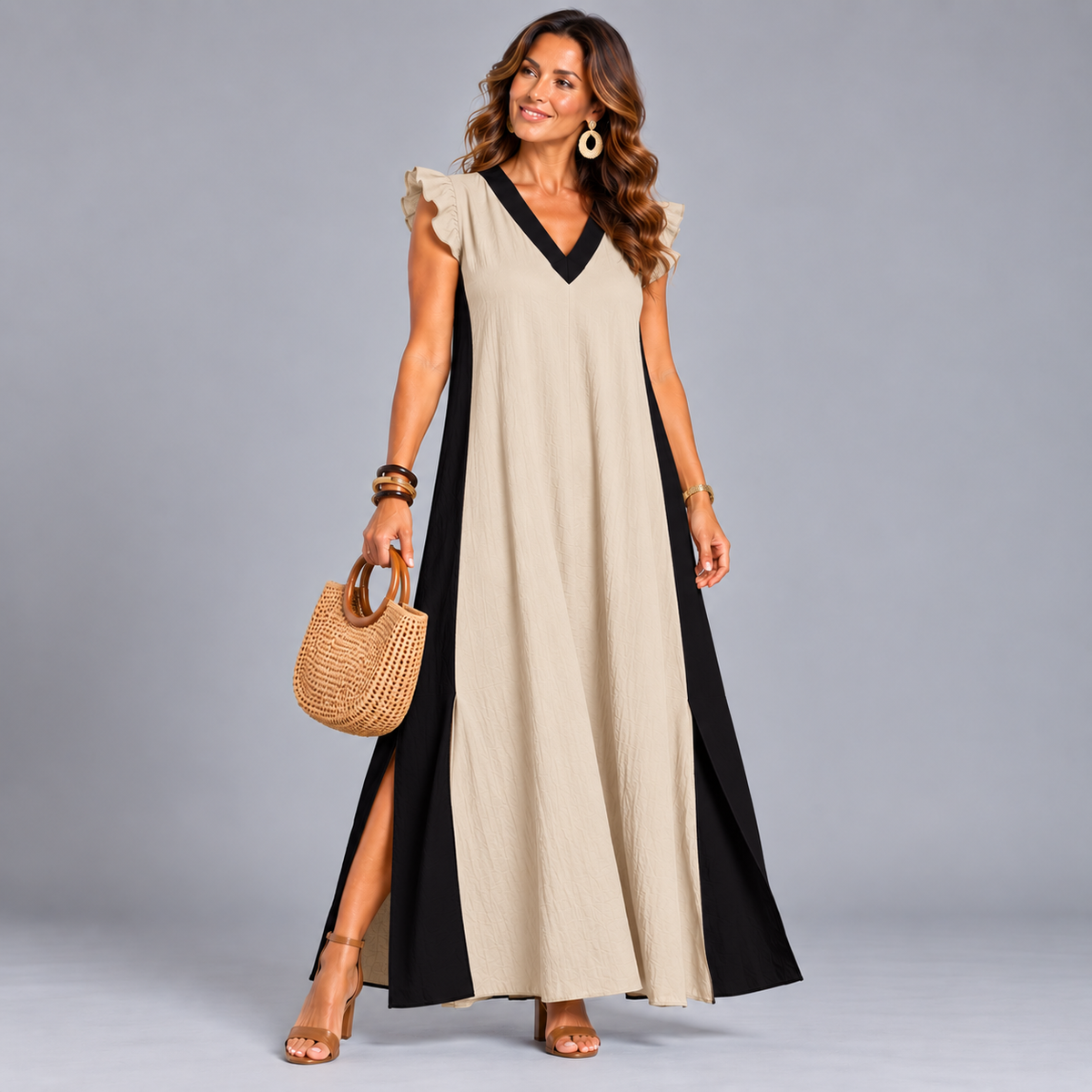 Panel Edged Frilled Cap Sleeve Kaftan Dress with Front Splits