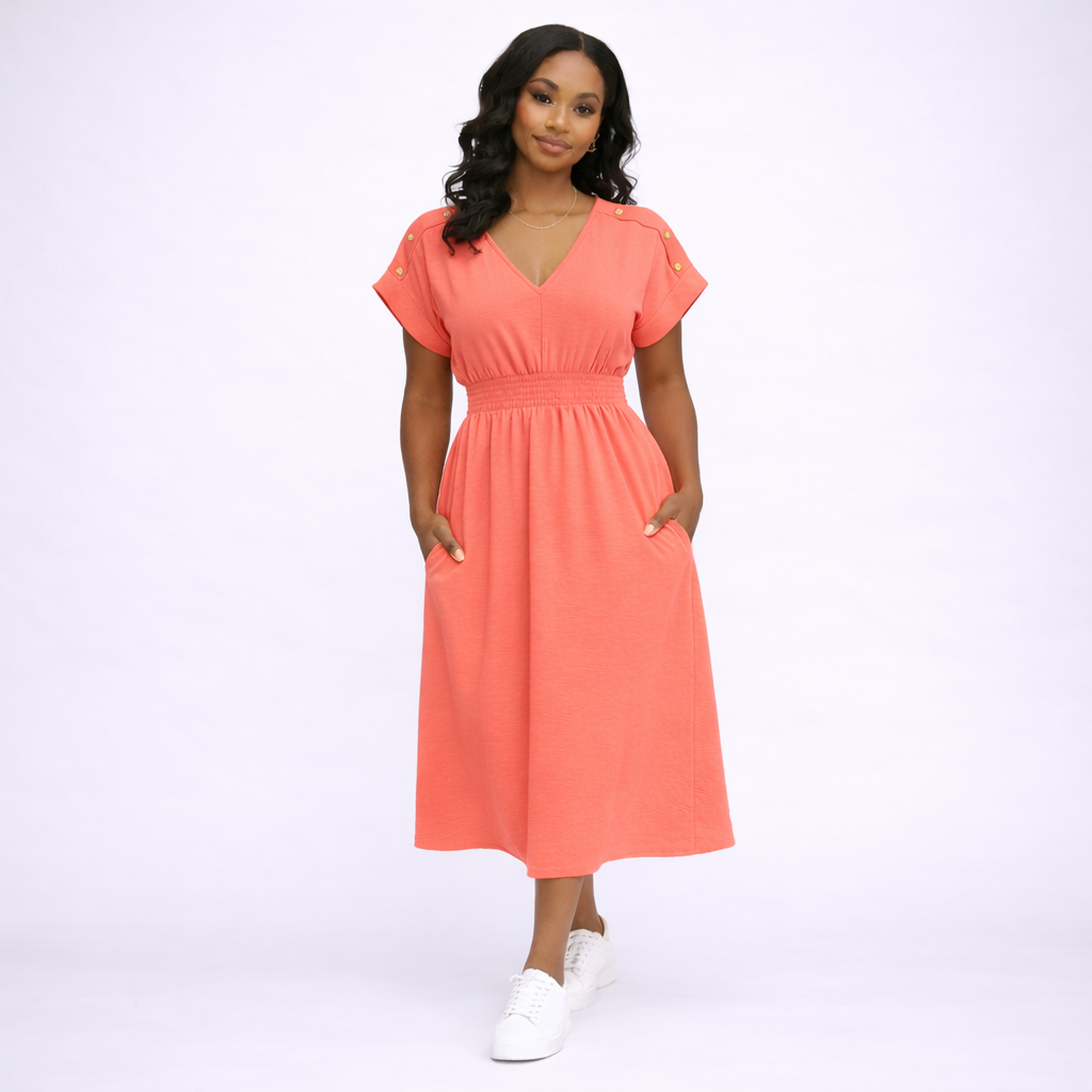 V Neck Elastic Waist Pocket Maxi Dress