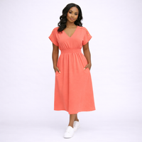 V Neck Elastic Waist Pocket Maxi Dress
