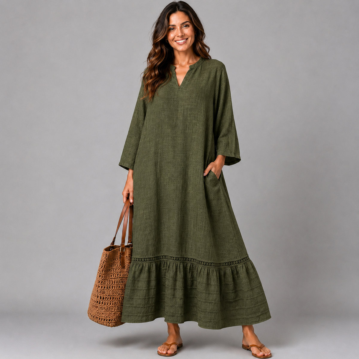 V-Neck Cotton Dress with Emroidered Frill Hem + Pockets