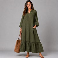 V-Neck Cotton Dress with Emroidered Frill Hem + Pockets