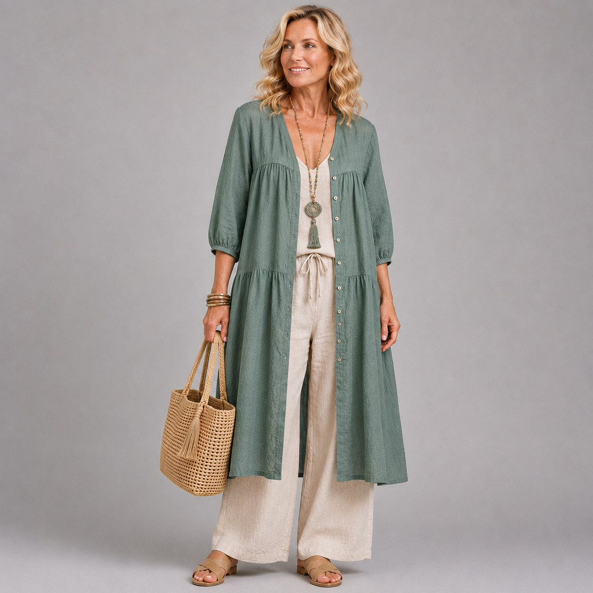 Khaki 100% Cotton V Neck LAYERED JACKET / DRESS