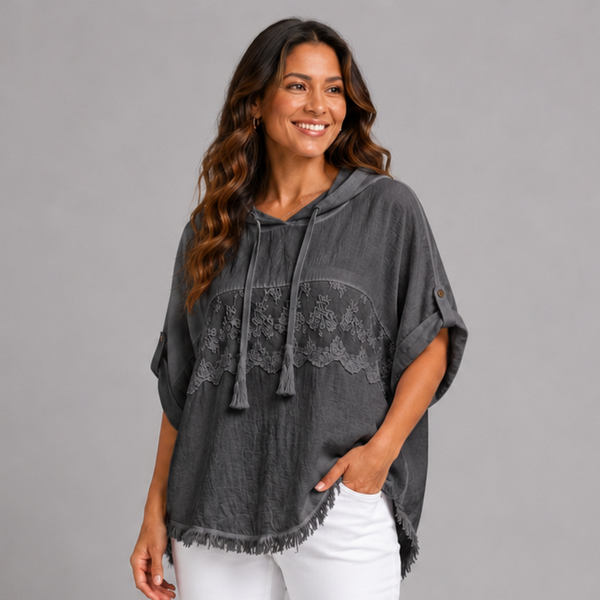 Frayed Hem Cotton / Linen Embroidered Hoodie