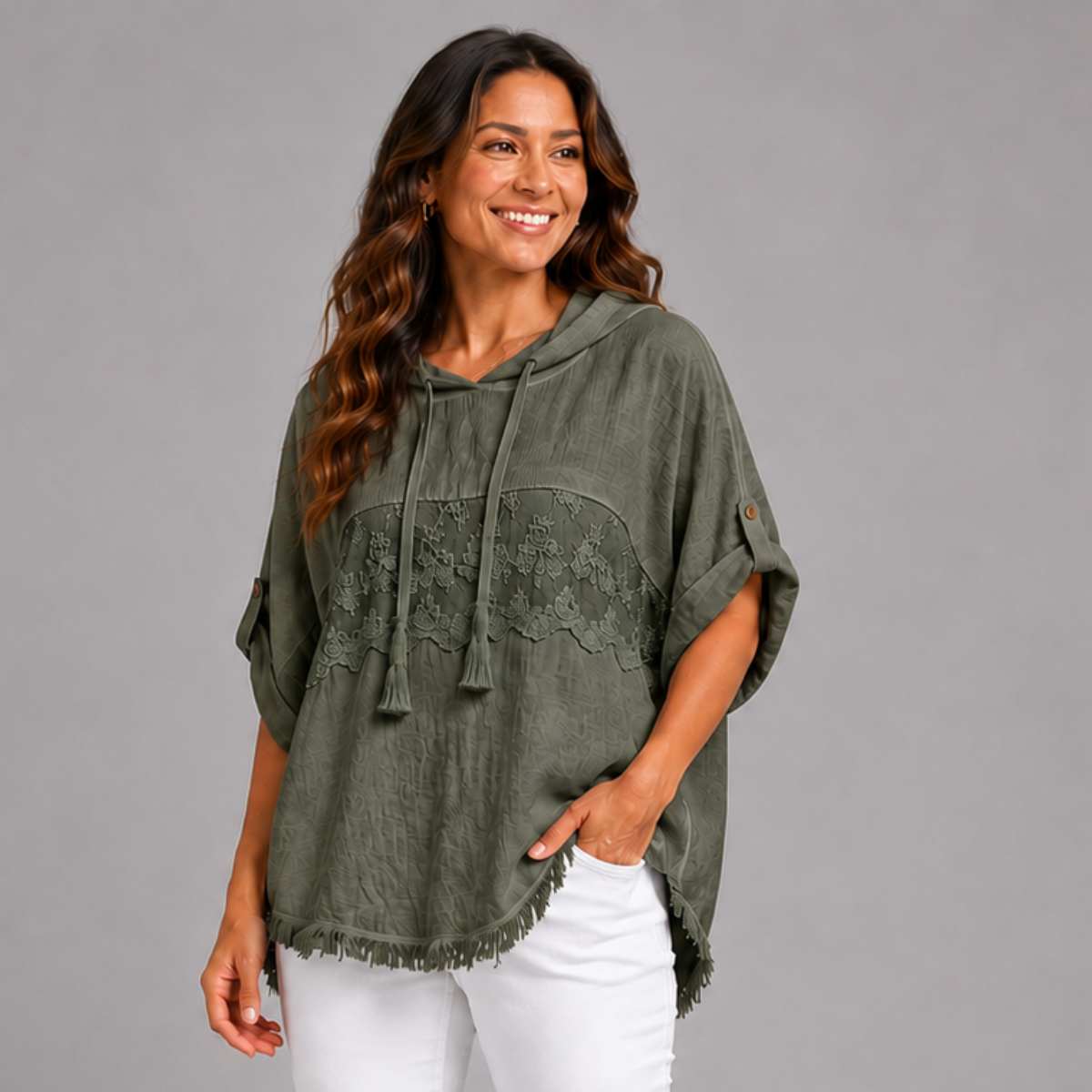 Frayed Hem Cotton / Linen Embroidered Hoodie