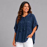 Frayed Hem Cotton / Linen Embroidered Hoodie