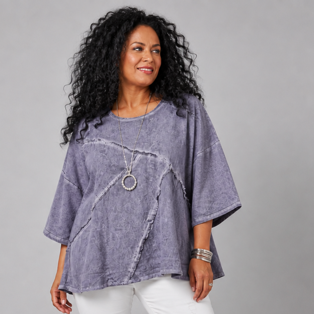 Grey Blue Frayed Hem Cotton Linen Top / Blouse