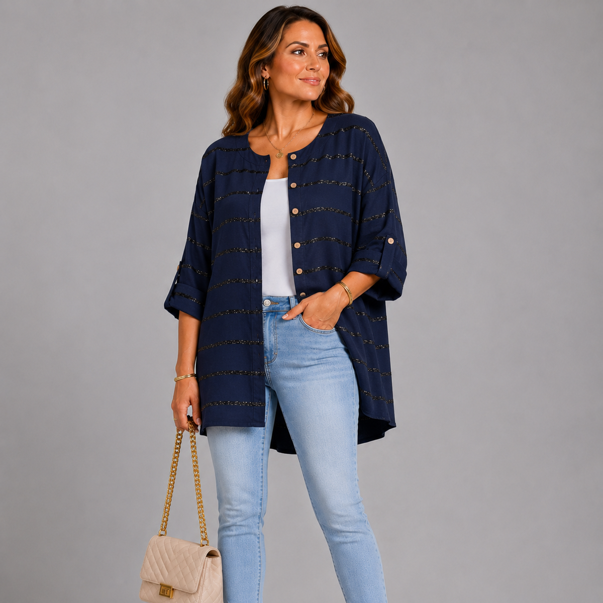 Cotton / Linen Mix Button Fastening Striped Top / Jacket