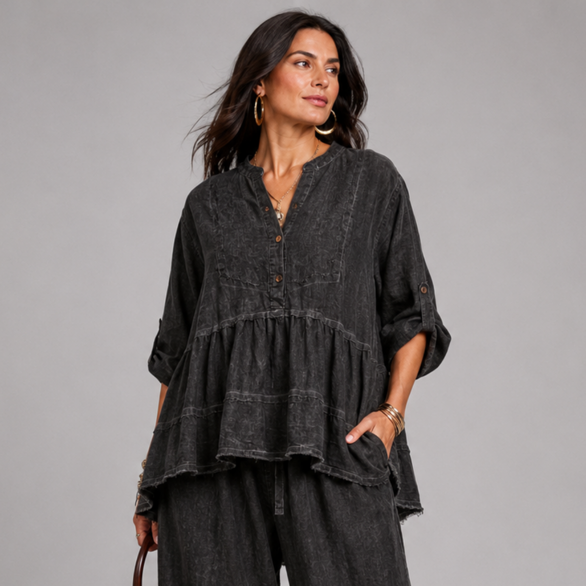 Stonewashed Cotton / Linen Tiered Oversized Tunic Top