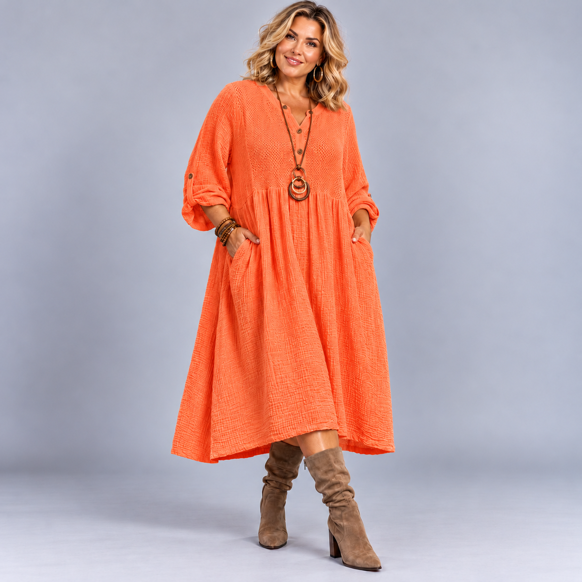Cotton Loose Fitting Midi Dress with Pockets