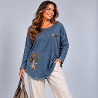 Embroidered Dipped Hem Long Sleeve Top
