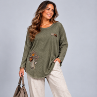 Embroidered Dipped Hem Long Sleeve Top