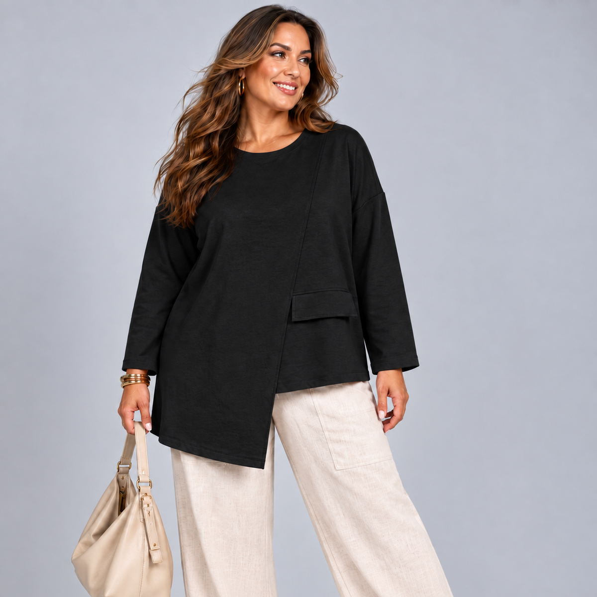 Long Sleeve Heavy Cotton Asymmetric Hem Top