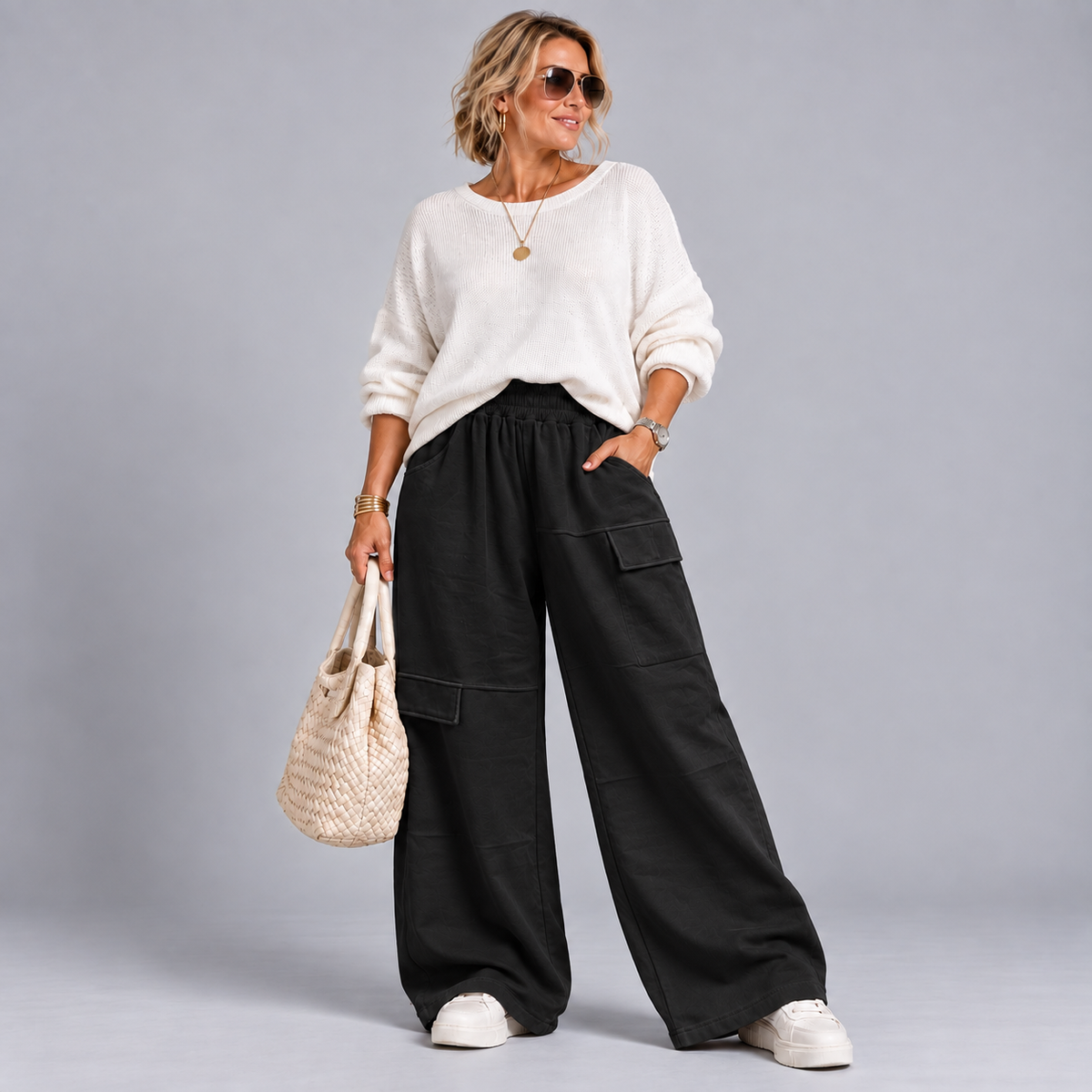 Heavy Cotton Baggy Fit Trousers with Mock Pocket Detail