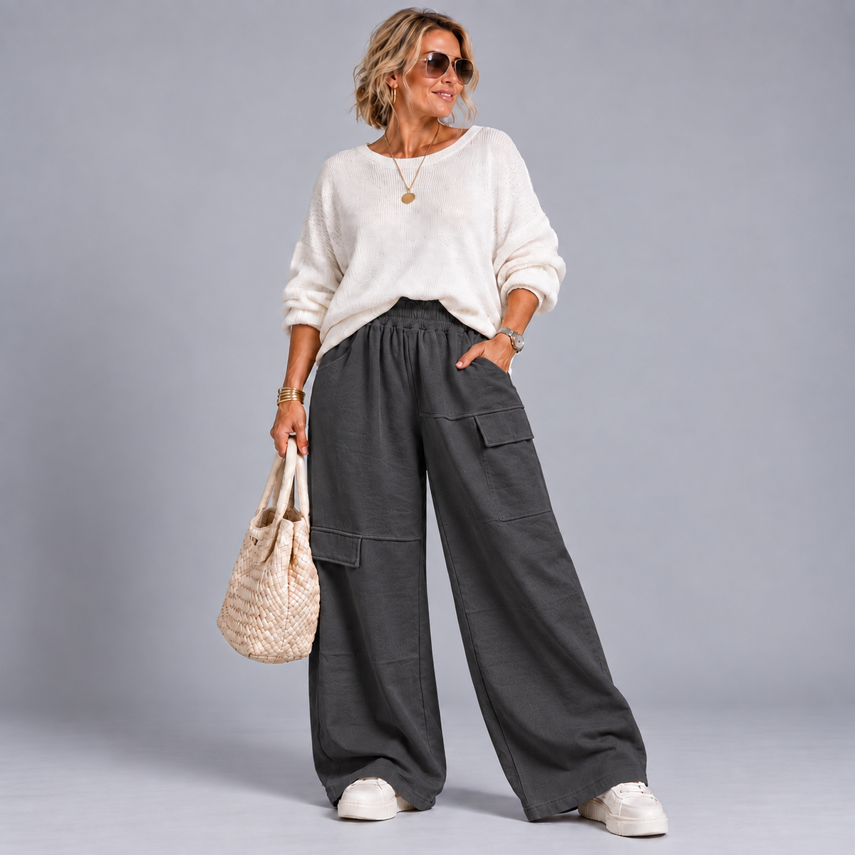 Heavy Cotton Baggy Fit Trousers with Mock Pocket Detail
