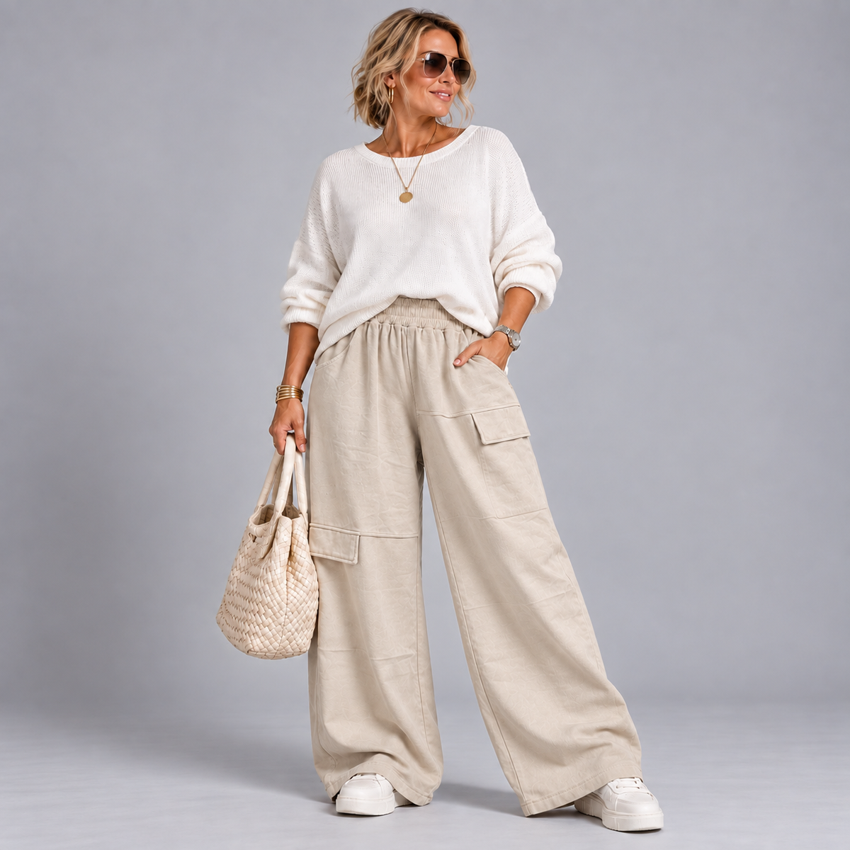 Heavy Cotton Baggy Fit Trousers with Mock Pocket Detail