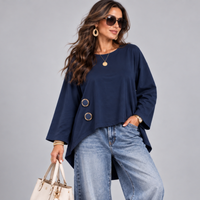 Fine Cord Cotton Long Sleeve Dipped Hem Top