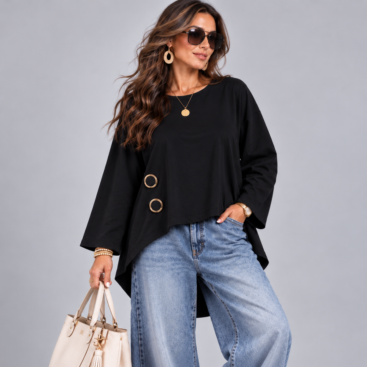 Fine Cord Cotton Long Sleeve Dipped Hem Top