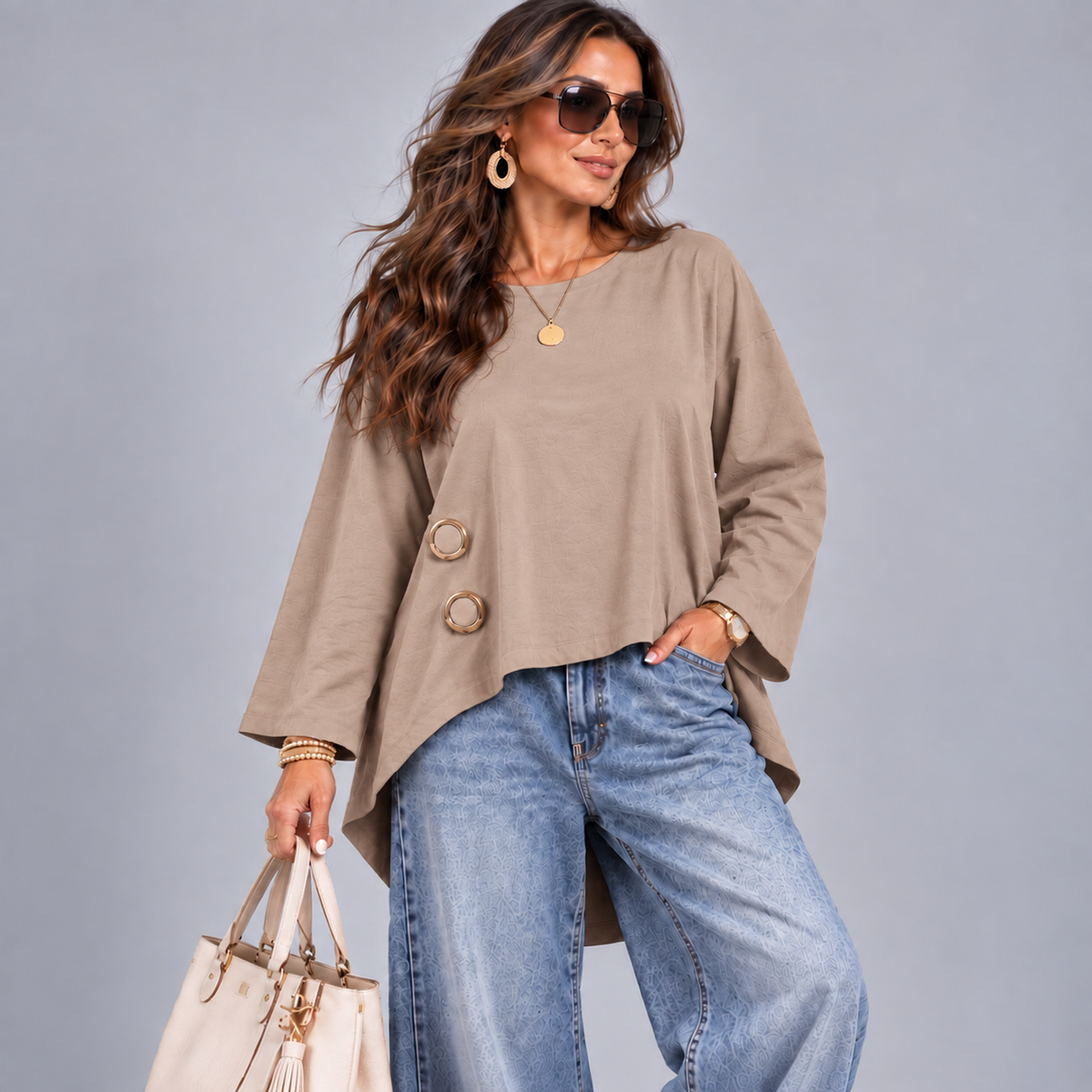 Fine Cord Cotton Long Sleeve Dipped Hem Top